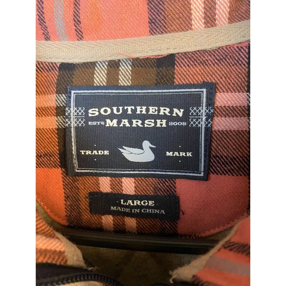 Southern Marsh Men's Vest Large Gray Quilted Full Zip Pockets Plaid Collar